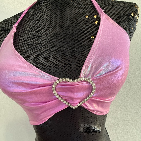 Pink Metallic Heart Rhinestone Halter Crop Top - Picture 2 of 3